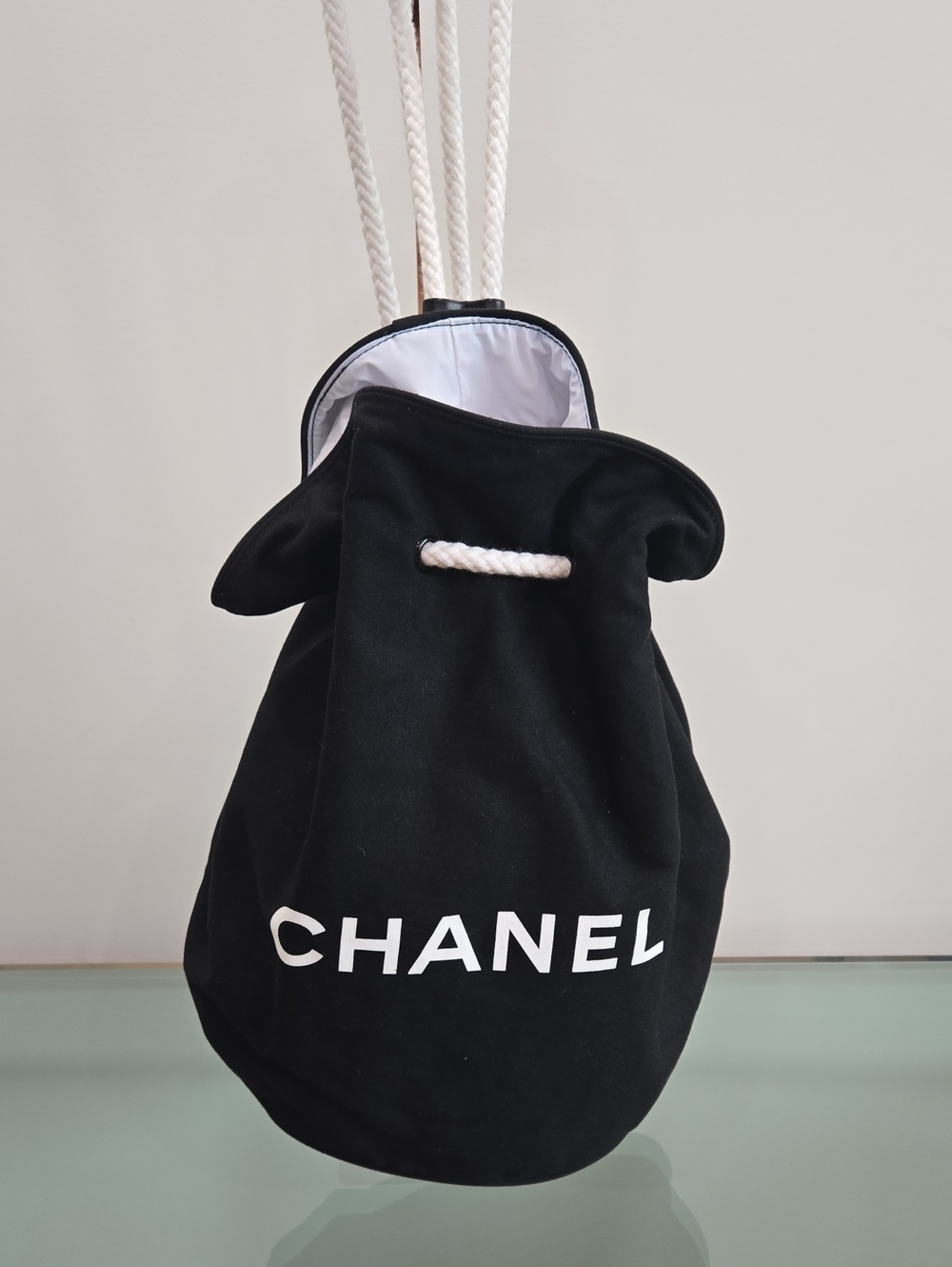 CHANEL Black Drawstring Backpack with White Rope